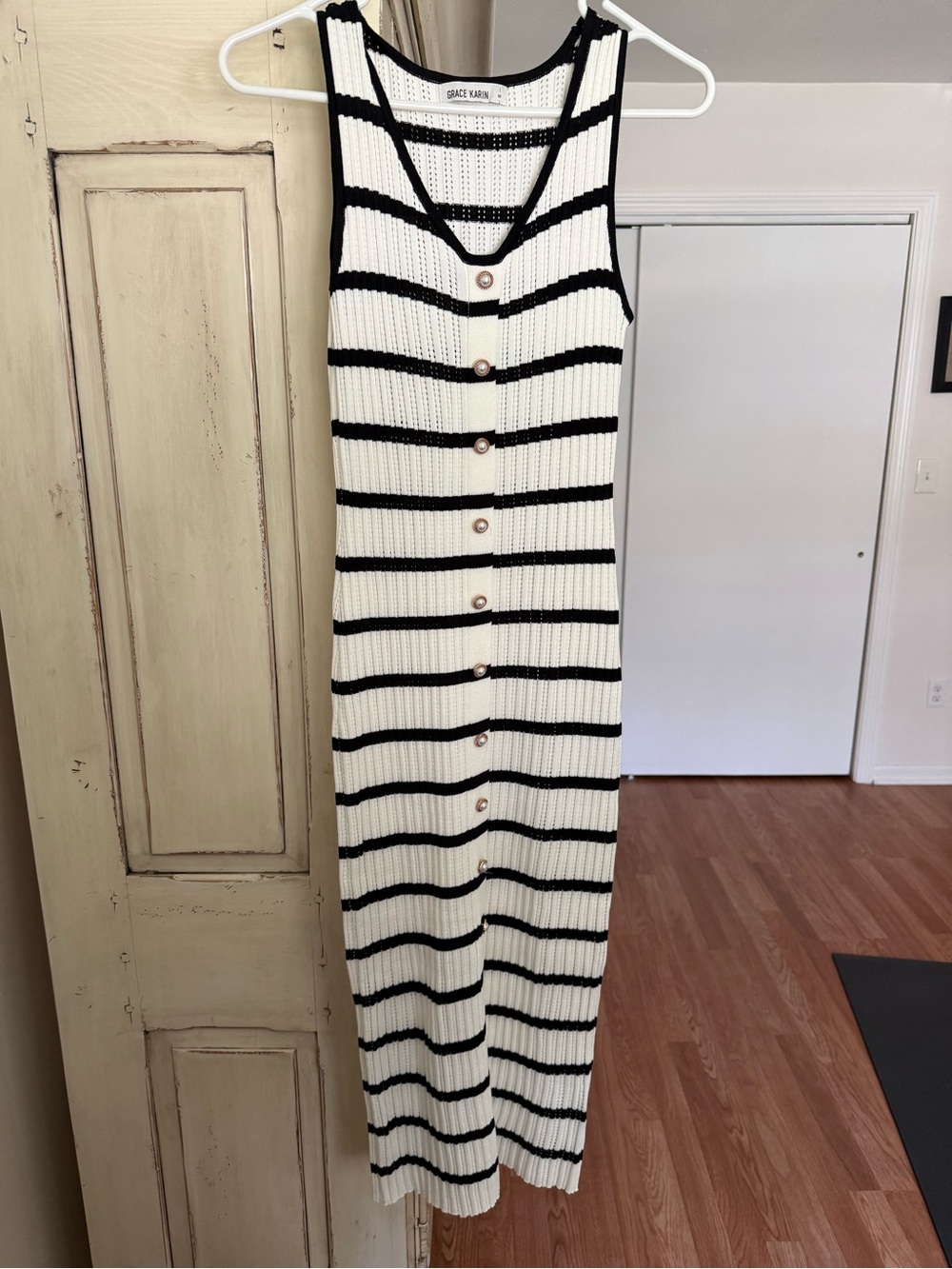 Grace Karin White and Black Striped Ribbed Button-Front Midi Dress